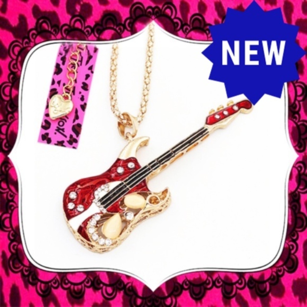 Betsey Johnson Red Enamel Crystal Guitar Pendant